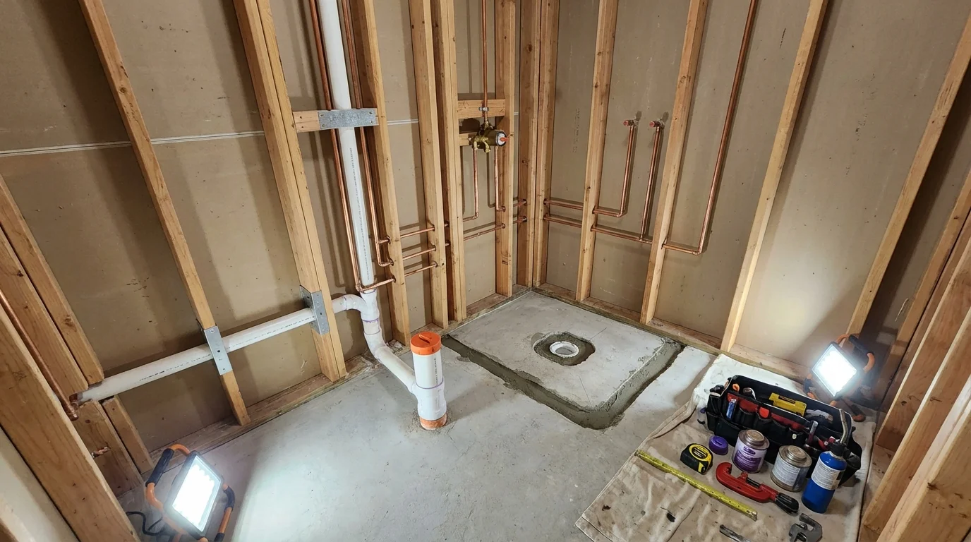 Bathroom rough-in plumbing during remodel by Johns Plumbing LLC in Emporium