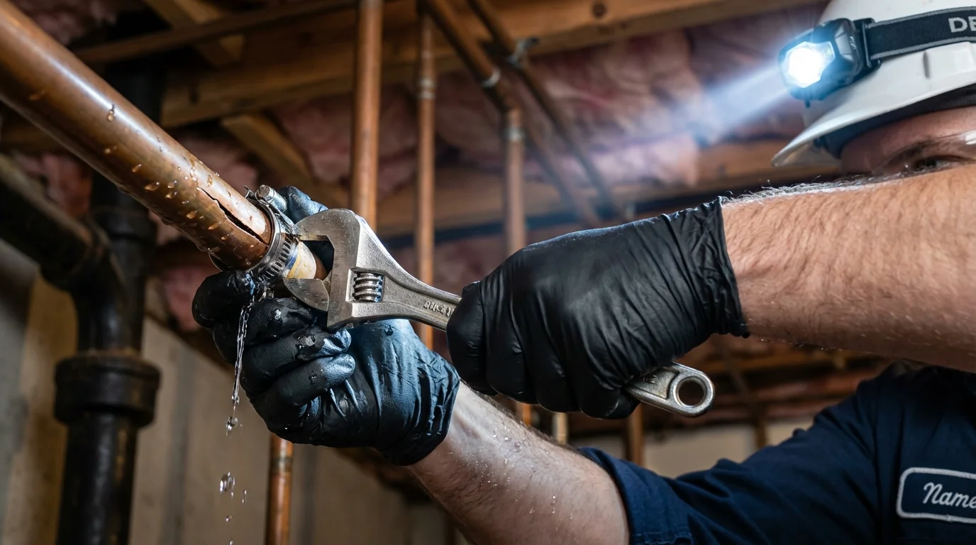 Emergency pipe clamp repair being performed by a Johns Plumbing LLC plumber in Emporium