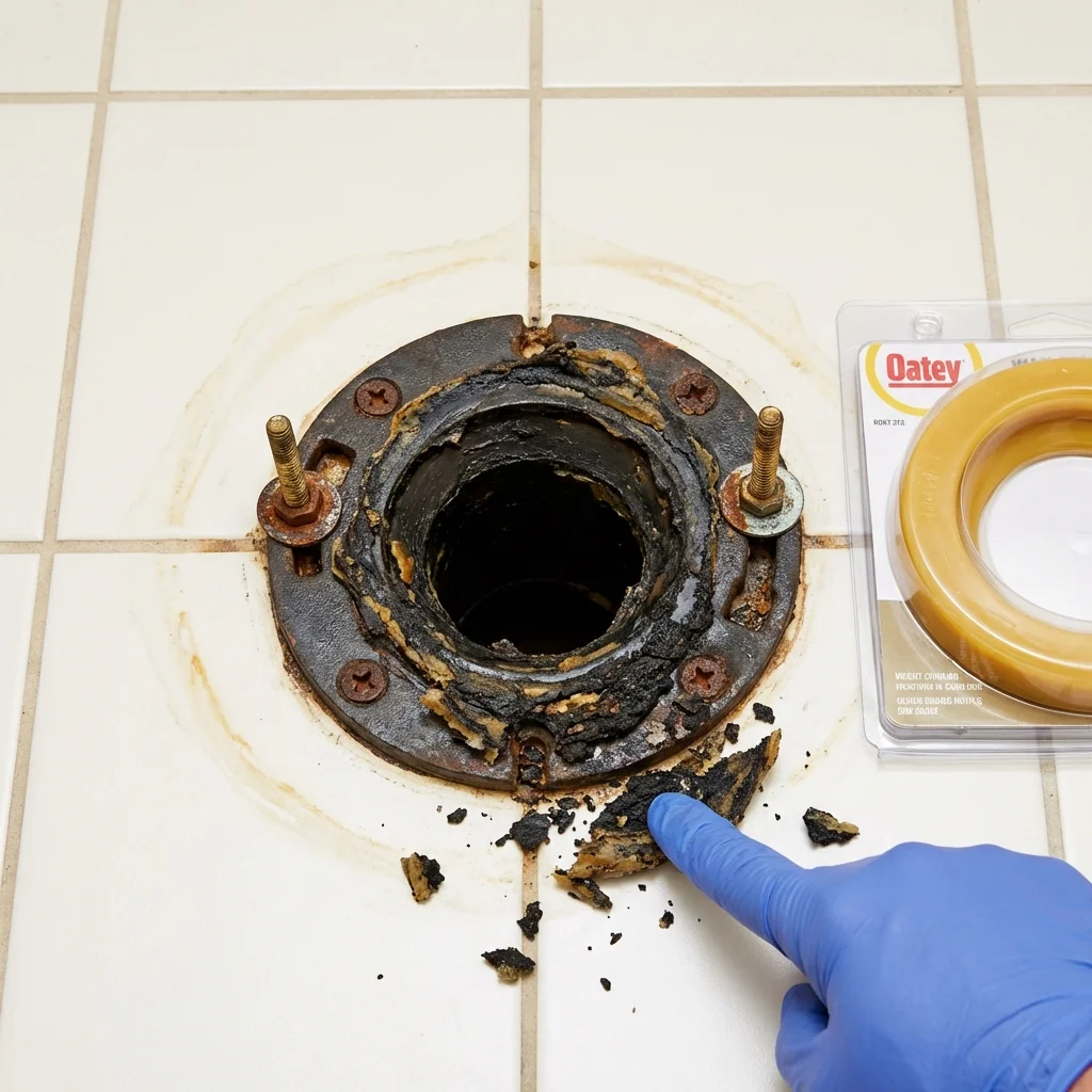 Failed wax ring showing water seepage at the base of a toilet in a Emporium, PA home