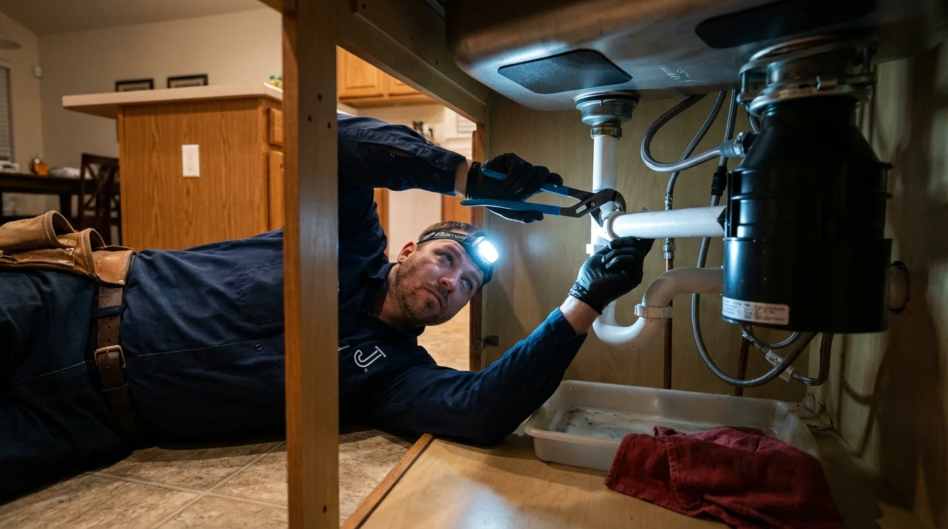 P-trap and supply line connections under a kitchen sink showing a common leak point in Emporium, PA